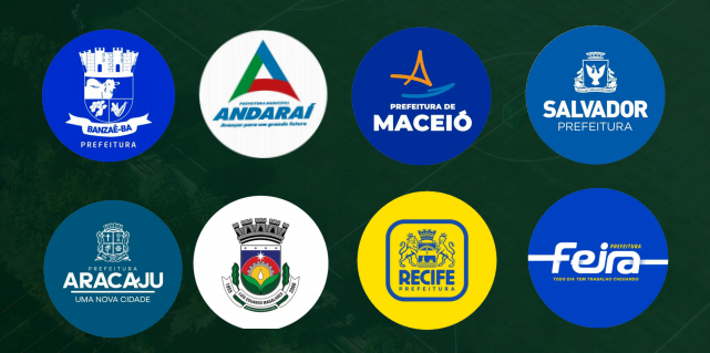 Logotipos de prefeituras parceiras da TECQUADRAS: Banzaê, Andaraí, Maceió, Salvador, Aracaju, Recife e Feira de Santana